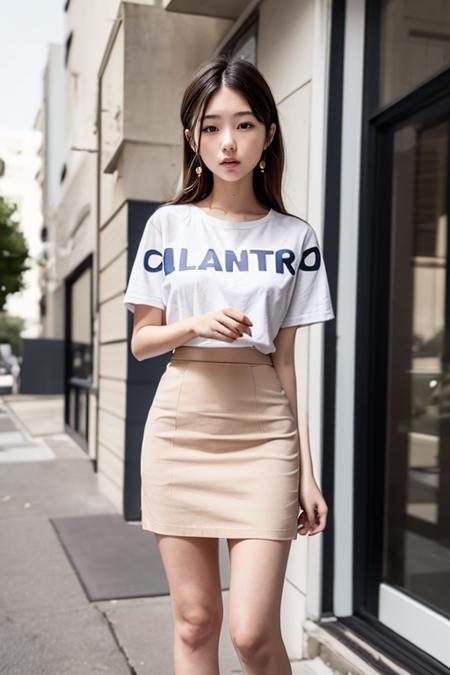 1girl,white t-shirt,office,ss pencil skirt,standing, ,outdoors,short skirt,  <lora:ss pencil skirt:0.7>