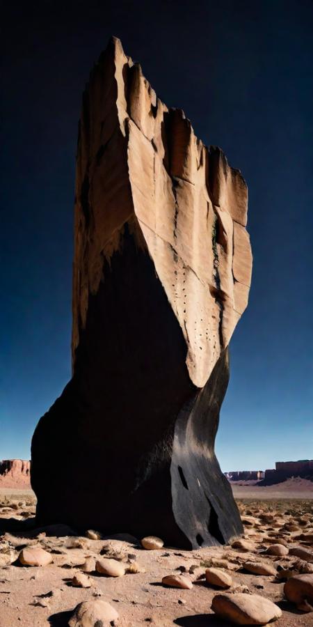 Surrealistic professionnal photography of a alien rocky landscape, gigantic black brutalist monolith, crevices, fissures, spikes, black sky, eerie, masterpiece, rough edges, extra detailed, film grain, award winning art, excellent quality <lora:xl_more_art-full_v1:0.4>