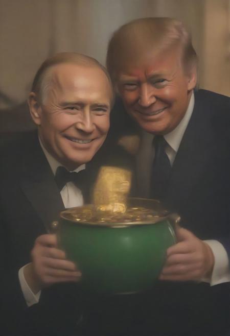Photo of Donald Trump, Putin, Joe Biden The Great Gatsby, smiling, perfect eyes, is holding a pot of gold in one hand, giving to the observer, green theme, volumetric, ral-cltc, <lora:ral-cltc:0.8>