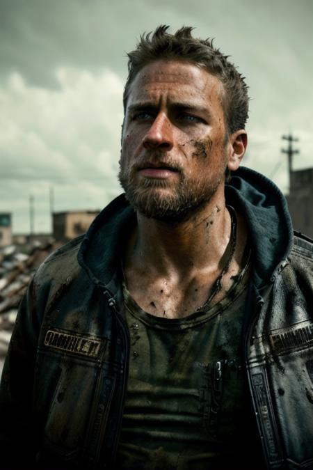 a man <lora:charlieHunnamV2:1> in a post apocalyptic time, after the outbreak, cinematic lighting, highly detailed face, (close up), upper body, RAW, 8K, UHD, [smiling:0.1], armed and dangerous