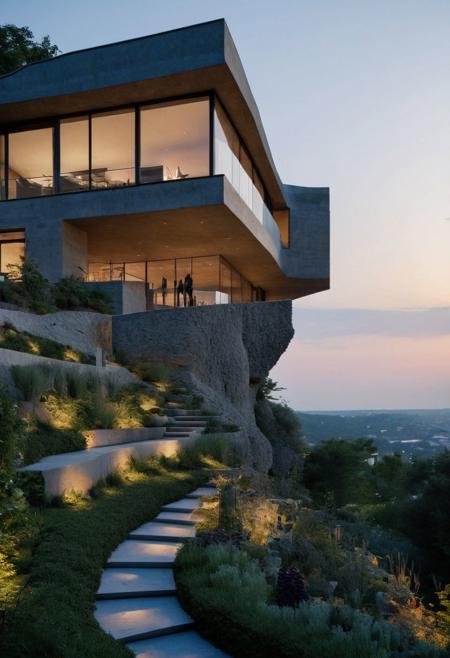 Visualize a cinematic hyper-realistic scene at dusk of an architecturally innovative house on a cliff with a cascading waterfall, wrapping around the statue of David, now animated with the presence of people. The structure, inspired by parametric and organic architecture, incorporates the statue as a central element. People are seen interacting with the space, some admiring the statue, others walking along the stone paths, and a few relaxing in the lush garden areas. The house's design features biomorphic shapes and smooth, flowing lines, integrating seamlessly with the natural landscape. Large glass surfaces reflect the changing colors of the sky, enhancing the connection with the outdoors. The interior, visible through the glass, showcases organic design with furniture that complements the architectural fluidity. Outdoor lighting highlights the statue, architectural features, and the visitors, casting soft shadows and creating a vibrant, living atmosphere under the enchanting dusk light. This dynamic scene captures the essence of a living space in perfect harmony with its environment, bustling with life and interaction.