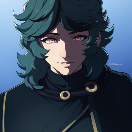 1boy, green hair, curly hair, black belt, black pants, jacket, multicolored eyes, side cape, black cape 1boy, green hair, parted bangs, forehead, multicolored eyes, ponytail, black jacket, white shirt, collared shirt