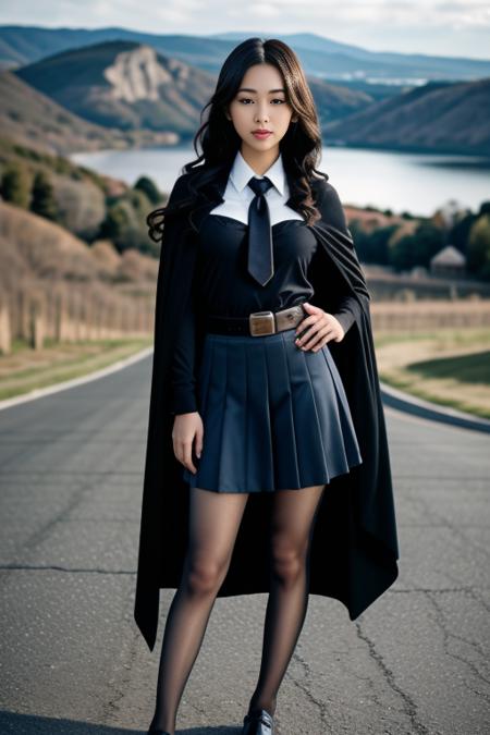 realistic, masterpiece, high detailed skin, looking at viewer, full body shot, scenic view, long hair, black hair
school uniform, long sleeves, black cape, black necktie, wing collar, shirt, belt, skirt, pantyhose, loafers <lora:Black_School_Dress_By_Stable_Yogi:1>