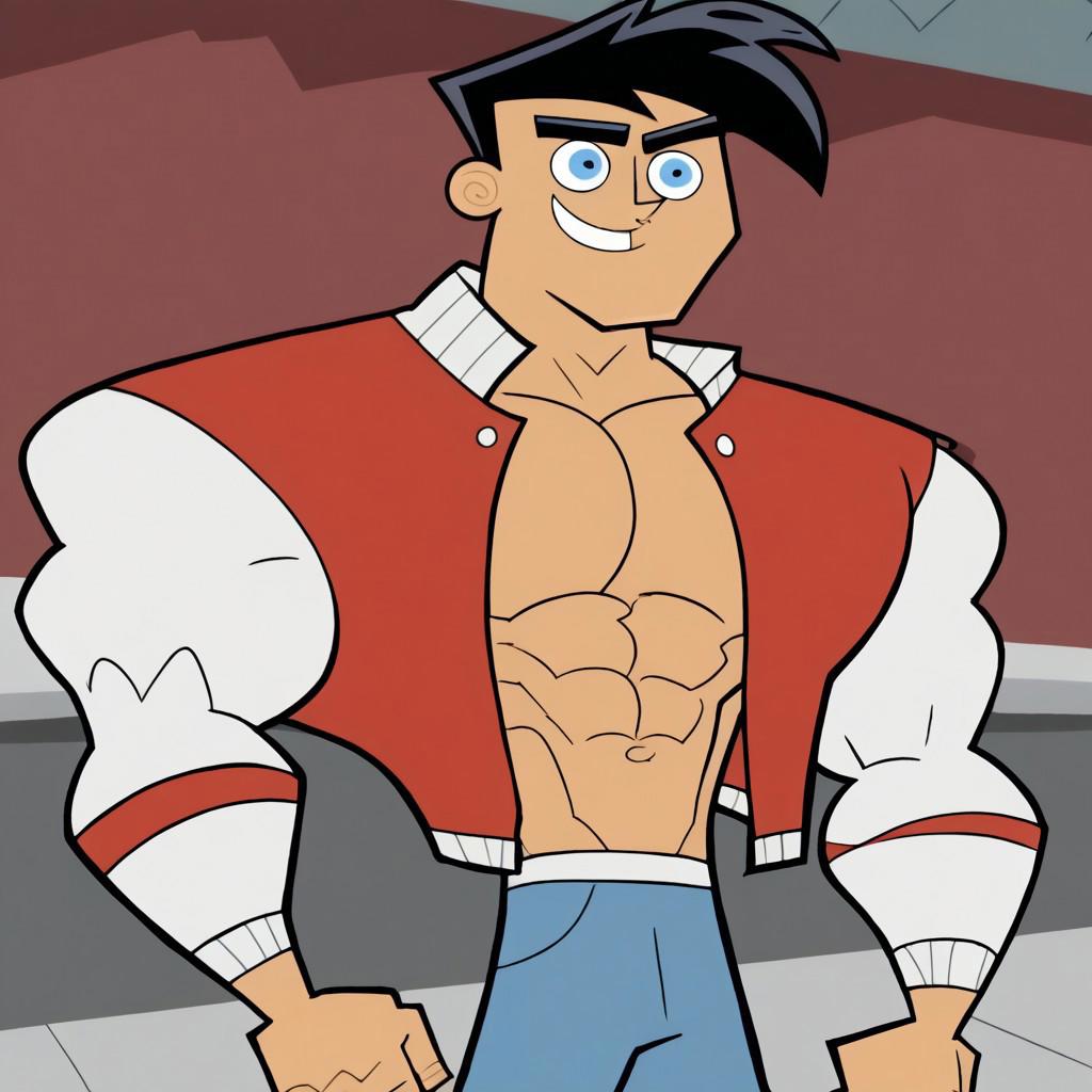 danny fenton,black hair,short hair,blue eyes,muscular, muscular male,confident smile,open red varsity jacket, white sleeves, shirtless,blue jeans