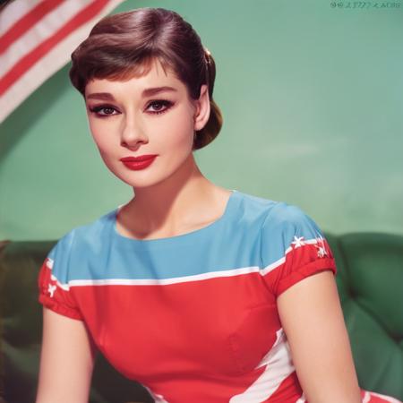 Audrey Hepburn in color, dark eyeliner, wearing a patriotic outfit