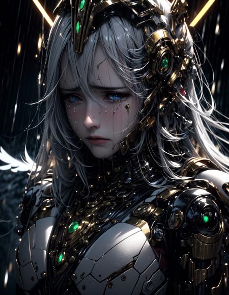 (dramatic, gritty, intense:1.4),masterpiece, best quality, 32k uhd, insane details, intricate details, hyperdetailed, hyper quality, high detail, ultra detailed, Masterpiece, (Blue eyes:1.3)white hair
An angel-faced female robot, Have tears in one's eyes, wailcryChinese punk, in the style of meticulous realism, 32k uhd, high quality photo, light amber and emerald
<lora:~Q?-Tlg:ZCrying machine:0.9>