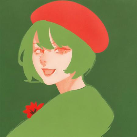 <lora:aka_outwork:1.0>, (aka_outwork:1.0), painting, drawing, paper texture, halftone background, 1girl, ;d, beret, blonde hair, bust, eyelashes, flower, green eyes, hat, hug, lips, open mouth, petals, pokemon \(creature\), red eyes, short hair, smile, teeth, wink