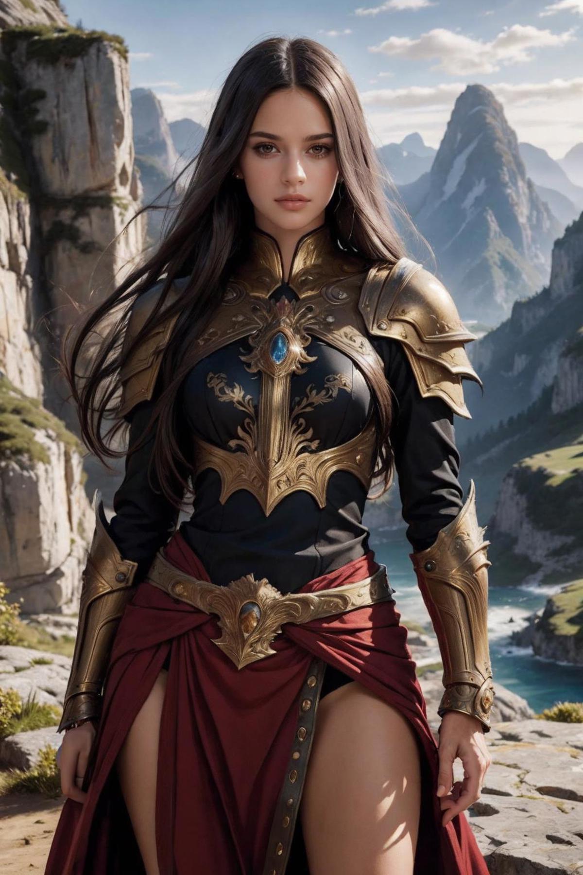 Fantasy Art of a Warrior Woman in Armor with a Red Skirt and Long Hair.