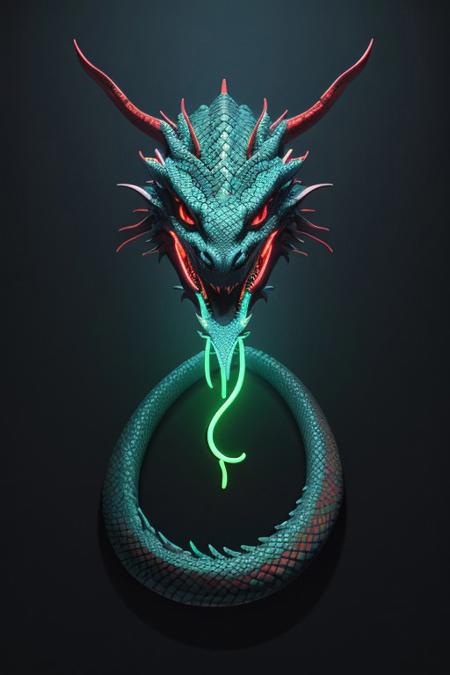 Asian dragon , blue, green snake gradient vibrant neon colour, rough, textural, broad brush strokes, red color prominent detailed, alienzkin, silhouette, spotlight, dark theme, c4d, blender, raytracing, unreal engine 5, render 3d