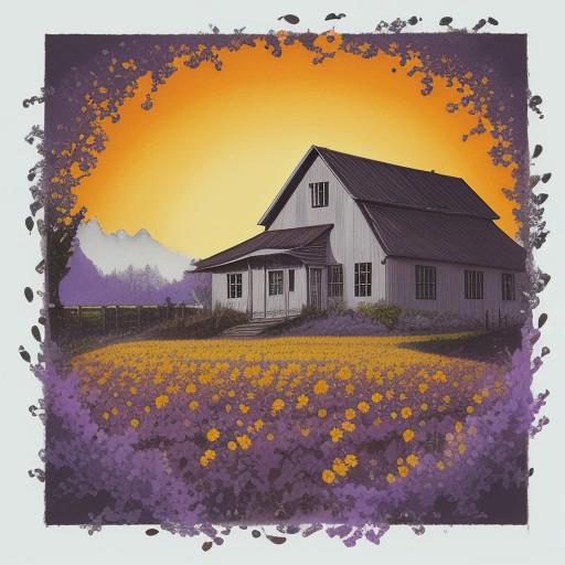 A farm.
Ink. 
orange and purple and white- epic