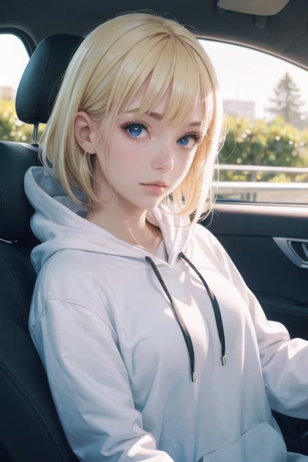 blonde girl, upper body, selfie in a car,hoodie, inside a car,  sharp focus,sunlight on face, beautiful eyes,  cinematic lighting,,realistic, Photo,8K RAW