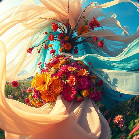 (surreal fantasy photo:1.4), (vibrant:1.2), (whimsical:1.2), (dreamlike:1.2), high saturation, bright colors, ethereal lighting, dynamic movement, wide-angle, imaginative, otherworldly, colorful flora, flowing fabric, 24mm lens, f/4, fantastical, enchanting