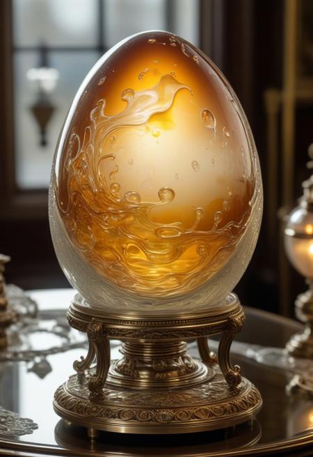 A hyper-realistic scene of a Fabergé egg made entirely of liquid glass, appearing as if it is melting or flowing, with dynamic, translucent glass layers in motion, reflecting and refracting light with stunning detail. The egg features intricate, fluid patterns reminiscent of traditional Fabergé egg designs, but in a state of constant transformation. The background is a lavish steampunk auction house, filled with brass gears, vintage machinery, and ornate Victorian decor. Large, intricate clocks and steam pipes line the walls, with a warm amber glow from gas lanterns and chandeliers illuminating the room, casting a golden hue on the egg and enhancing its glassy, fluid appearance.
LiqGlassCE