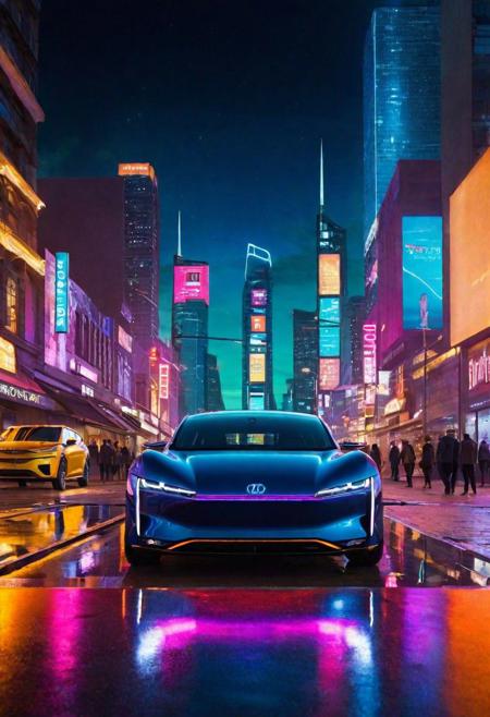Cutting-edge clarity, automotive marvel, top-tier resolution, ultra-detailed, UHD sleekness, depth of engineering, electric car, parked on a futuristic city street, neon city lights, streamlined body, polished finish, nearby, vibrant street illumination, headlights beaming, (dynamic streetlight:1.2), reflections on glossy paint