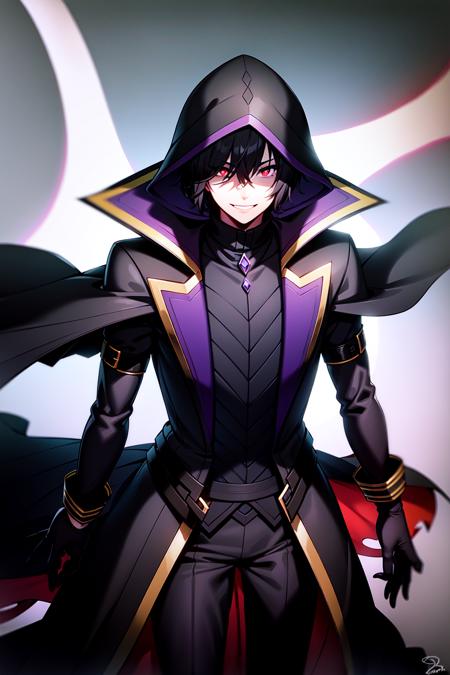 1boy, black_coat, black_hair, cape, coat, electricity, gloves, glowing, glowing_eyes, looking_at_viewer, magic, male_focus, red_eyes, signature, smile, solo