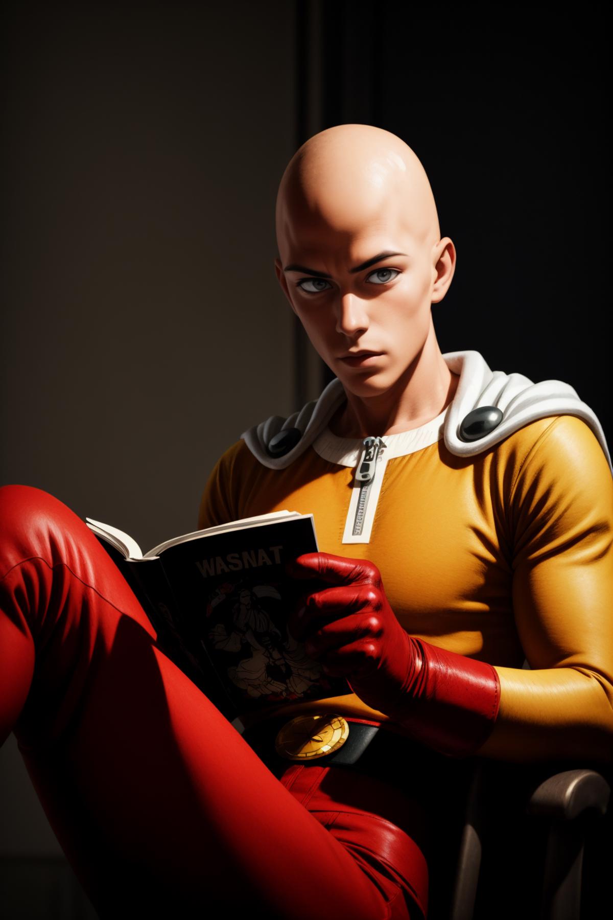 Anime Character Reading Book with Red Gloves and Yellow Costume.