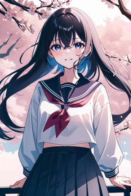 (upper_body:1.5), close-up, cherry_blossoms, outdoors, day, spring_\(season\), 1girl, smile, solo, bangs, blue_eyes, blush, closed_mouth, looking_at_viewer, long_hair, brown_hair, branch, eyebrows_visible_through_hair, floating_hair,hair_between_eyes, blue_sailor_collar, serafuku, long_sleeves, neckerchief, pleated skirt, pink_flower, petals, tree, white_shirt, wind, railing, sky <lora:style_YoneyamaMaiSTDX0:1>