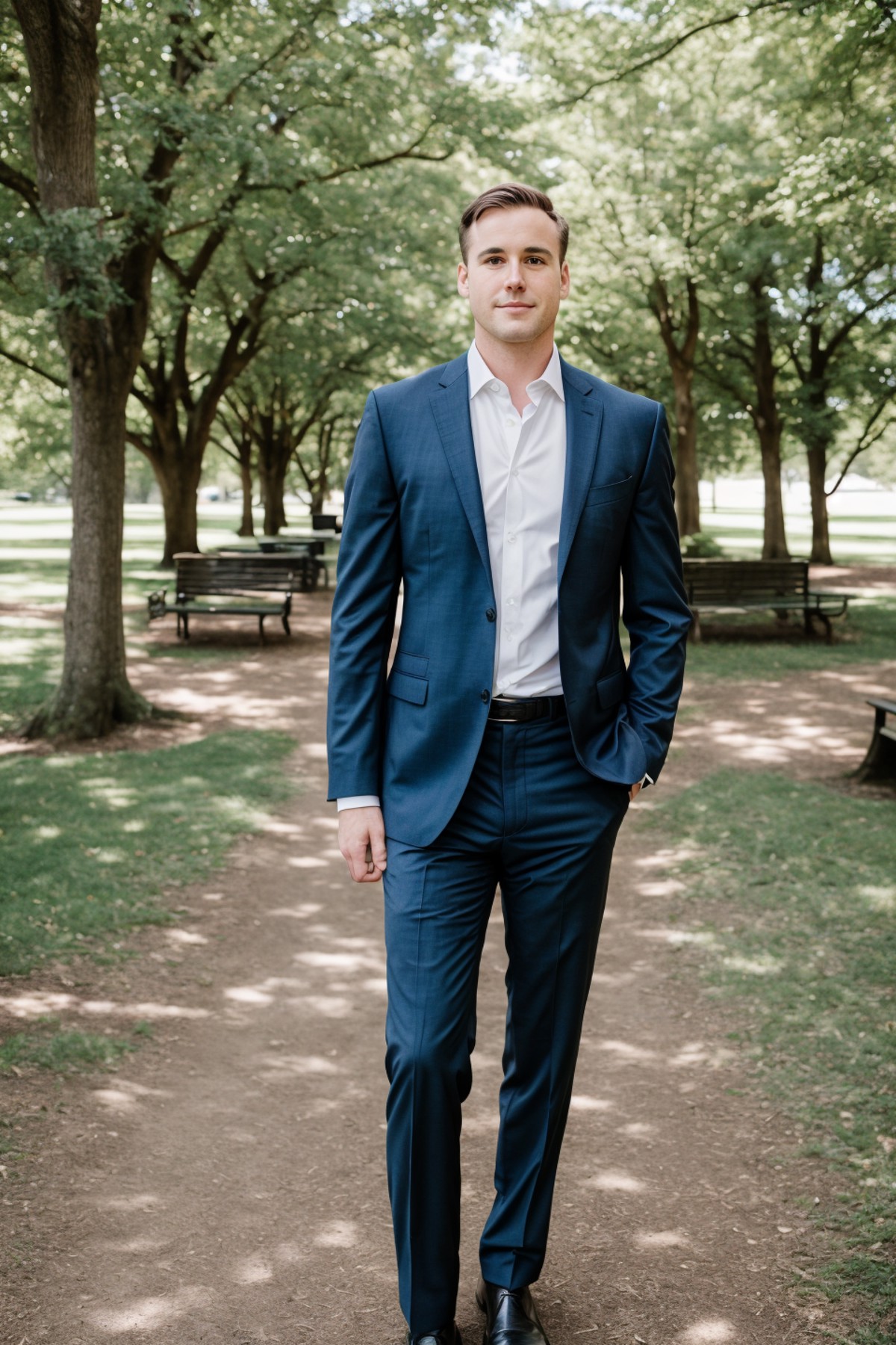 half body RAW photo of a man in a suit in a park