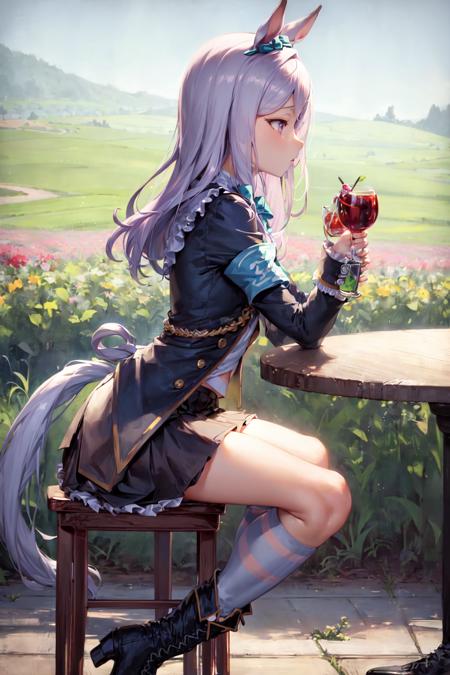 masterpiece, best quality,
mejiro mcqueen \(umamusume\),
full body, from side, looking to the side, long shot,
table, tee cup, holding cup, sitting, on chair, flower field,
green bowtie, armband, long sleeves, frilled sleeves, frills, striped shirt, black coat, pleated skirt, black skirt, kneehighs, lace-up boots, cross-laced footwear, 
<lora:mejiro_mcqueen_locon:0.6>