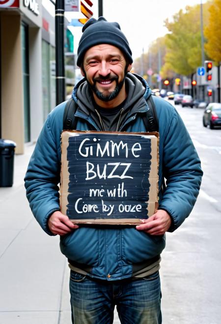 Homeless guy standing on the street ( wearing a sign, with the words written: )(( Gimme BUZZ )) in it, with a frown smile on his face, High quality, realistic, 8K, UHD