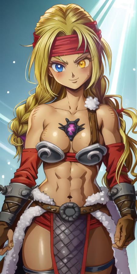 toriyama akira,{{{masterpiece}}}, {{{best quality}}}, {{ultra-detailed}}, {illustration}, {{an extremely delicate and beautiful}},dragon quest 4,female hero
 3dcg,muscular, abs: 1.4,gleaming skin:1.5,(oily skin:1.1),(glossy skin:1.5),(beautiful detailed deep eyes),
1girl, animification, simple background, smile, solo, upper body, white background, (an extremely delicate and beautiful, extremely high quality, extremely high quality lighting, raytracing, immersive glow, beautiful quality, light rays),  cinematic lighting,
masterpiece, 8k resolution, fullbody, high detail, 1girl, beautiful cute woman, medium breasts, thick thighs, confident smile, braid, heterochromia, yellow_eye, blue_eye, navel, breastplate, red_elbow_gloves, loincloth,  <lora:ashyara anyv3 base:.9>