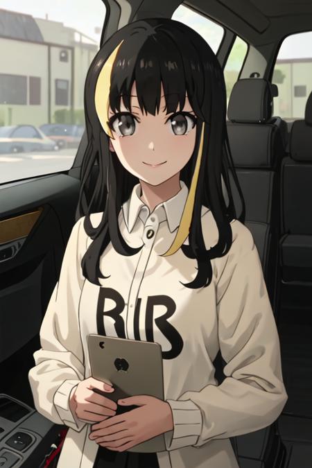 best quality, masterpiece, highres, solo, {tsubaki_ando_shirobako:1.15}, black_hair, multicolored_hair, streaked_hair, blonde_hair, long_hair, bangs, black_eyes, grey_eyes, 1girl, car_interior, looking_at_viewer, shirt, smile, collared_shirt