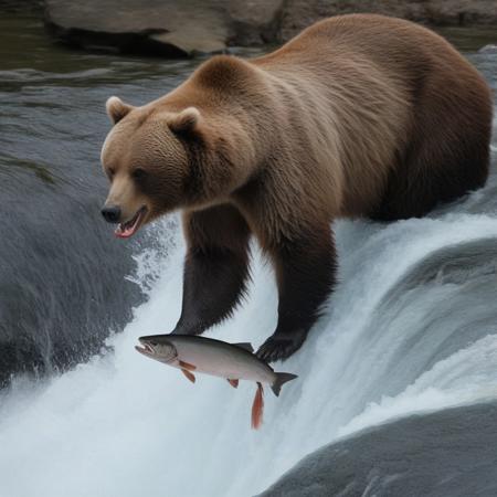 Grizzly bear at the top of a waterfall with a big salmon in his mouth