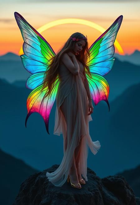 Beautiful Fairy, rainbow wings, on a mountain, cinematic photograph with an orange and blue synthwave crescent moon background.