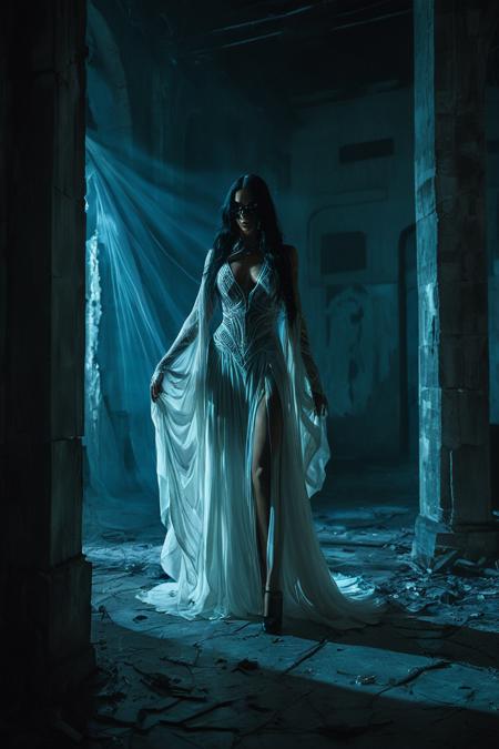 (HD, masterpiece, best quality, hyper detailed, ultra detailed, super realistic),A woman in an eerie, flowing white ghost costume poses dramatically in a dimly lit, abandoned building. Shadows dance across the cracked walls, illuminated by flickering candlelight scattered throughout the space. She sports bold black sunglasses, giving her an edgy vibe as her long hair flows freely around her shoulders. The skin-toned bodysuit beneath the costume accentuates her form, while the ghostly fabric drapes elegantly from her arms. With one arm raised high and the other extended slightly to the side, she embodies a spirit captured between realms. The ambiance is rich with tension, creating a captivating juxtaposition of beauty and eeriness in this hauntingly gorgeous setting., Movie Still, Film Still, Cinematic, Cinematic Shot, Cinematic Lighting, SDXL Sexy clothing collection, SDXL.lyco neg4all_bdsqlsz_xl_V91, SDXL Hands XL + SD 1.5 + FLUX.1-dev<lora:SDXL Juggernaut Cinematic XL LoRA.safetensors:0.5:0.5> <lora:SDXL Sexy clothing collection.safetensors:0.7000000000000001:0.7000000000000001> <lora:SDXL.lyco neg4all_bdsqlsz_xl_V91.safetensors:0.7000000000000001:0.7000000000000001> <lora:SDXL Hands XL + SD 1.5 + FLUX.1-dev.safetensors:0.7000000000000001:0.7000000000000001>