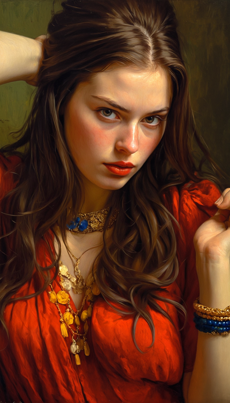 Classical oil painting,  is a portrait of a young woman with long dark hair. She is wearing a red blouse with a floral pattern and a statement necklace. Her hair is styled in loose waves and falls over her shoulders. She has a serious expression on her face and is looking directly at the camera. The background is dark and the lighting is dramatic, highlighting the woman's features. The overall mood of the image is elegant and sophisticated.Caravaggio Vermeer Blake Sargent Turner Lautrec Degas Monet Manet Cassat Morisot Münter Kollwitz Malfatti Werefkin chiaroscuro Schjerfbeck,bold colours deep shadows, red blue green yellow brown black, dark thick inky shadows, reflected light subsurface scattering