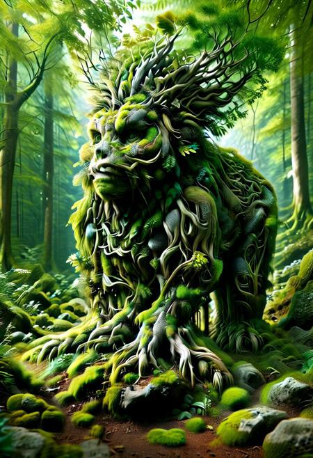 score_9,score_8_up,score_7_up, PG-TR, This is a vibrant, fantasy illustration of a large, golem-like figure that appears to be made of stones and rocks, partly overgrown with lush green foliage. The figure stands in a forested environment, with trees and plants surrounding it, and in the background, ruins or other stone structures are visible. The sky above is clear blue with some white clouds, indicating a sunny day.
The colossus itself is impressively large, with a broad posture and thick, robust limbs. Its body is a mix of gray and brown stones, some smoother than others, with cracks and moss growth emphasizing its age and natural integration. The most striking feature is the dense layer of bright green leaves covering large parts of its torso, shoulders, and upper legs, as if it has become part of the forest itself.
The colossus's face is somewhat human-like, with a stylized, flat nose and indentations suggesting eyes, all formed from stone. The overall atmosphere of the image is one of wonder and mystery, fitting for a fantasy world. <lora:Treeroots_0_90_multi2_Handprocessed_V2:1>