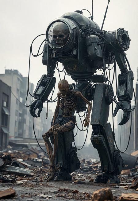 an action filled movie shot of a tall walking mecha robot with a lot of dangling cables and visible machinery in a broken urban setting. The robot has a backpack with a glass dome. Inside the dome is the withered remains of an old human. The human is used to power the robot and is connected with cables. realistic, the robot is engaged in warfare, combat, sitting in a combat position with one knee up and one hand on the ground. 4k, futuristic, fallout-inspired, Retrofuturism, atomic-punk