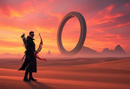 A lone Blizzard Warrior in a black trench coat and dark eyewear stands holding a crimson electric Shooting Star Bow - Ceal on an arid alien desert world. Behind him, a colossal, monolithic ring structure dominates the skyline under a vibrant cosmic twilight sky of orange and pink. Distant alien peaks rise from the dunes. Surreal sci-fi fantasy matte painting, cinematic lighting, Octane Render, Unreal Engine 5, trending on ArtstationHQ, CGSociety, high detail, golden ratio composition.