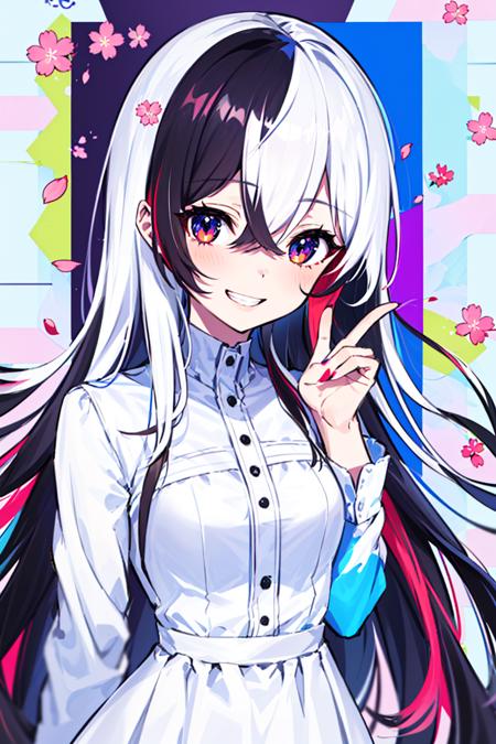 1girl, hand_gesture, white_hair, multicolored hair, long hair, very long hair, multicolored eyes, (multicolored_background:1.8), solo, smile, looking at viewer, cherry blossoms, grin, hair between eyes, dress, dress, dress_shirt, white_dress, multicolored_dress, bangs, upper body, album cover <lora:style_MikaPikazo:1>