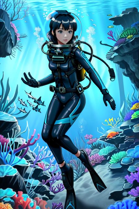 Pretty female scuba diver swimming underwater, ultra detailed, ((full body diving suit)), sharp focus, crystal clear, masterpiece, (1girl), ((underwater)), weight belt, ((lama scuba helmet)), (diving watch), (((deep sea dive))), ocean abyss, dim blue lighting, caustic effects, ((perfect anatomy)), ((perfectly drawn face)), ((perfectly drawn hands)), ((rebreather apparatus)), (black fins), underwater background, anime still, fish school, [fish], (coral reef), <lora:lama_scuba_helmet-10:0.8>