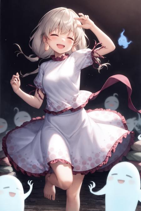 masterpiece, best quality, <lora:EbisuYouka:1>,1girl, skirt, open mouth, short sleeves, closed eyes, barefoot, solo, puffy sleeves, puffy short sleeves, long earlobes, shirt, smile, rock, frills, white skirt, white shirt, blonde hair, stone, bangs, ^_^, skirt set, standing on one leg, standing, hitodama, frilled skirt, :d, frilled shirt, ghost