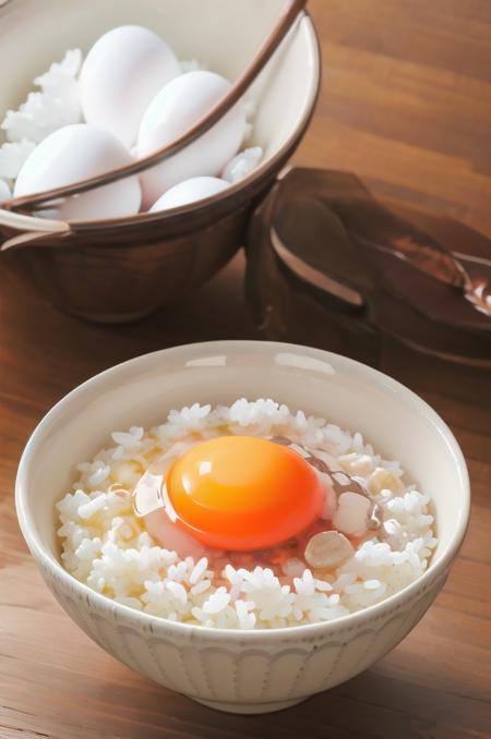 tkg, rice, bowl, food focus, food, realistic, still life, blurry, egg, rice bowl, wooden table