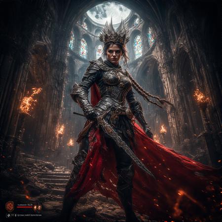 masterpiece portrait of a fantasy warrior queen in a ruined cathedral battleground::1.4, Capcom cinematic realism style::1.2, high fantasy action RPG key art::1.1,

(physical description: statuesque adult woman with light brown skin, toned muscular build, long dark braids adorned with gold rings:1.1),
(facial features, expression: intense, commanding eyes with a stoic expression of controlled fury:1.0),
(clothing details: ornate obsidian-black armor with silver filigree, crimson velvet cape torn at the edges, armored corset and plated greaves:1.0),
(accessories: jeweled crown shaped like raven wings, ancient runeblade etched with glowing red glyphs, battle-worn scabbard:0.9),

(background setting: crumbling cathedral overtaken by vines and firelight, shattered stained glass casting colored shards of light, fallen enemies strewn across the stone floor:0.9),
(lighting style: dramatic directional lighting from flaming braziers and moonlight through high arches, high contrast highlights on armor:0.8),
(composition and camera framing: low-angle hero shot from slightly behind and to the side, focused on the queen’s stance atop cathedral stairs:1.0),
(emotional tone or theme: dark fantasy glory and grim authority, unbending leadership forged through blood and conquest:0.9),

(technical execution: ultra-detailed architectural textures, sharp realism in metallic surfaces and cloth rendering, cinematic motion blur on cape and embers:0.8),
(user interface elements: stylized fantasy UI with health/mana bars shaped like phoenix wings, skill icon wheel in lower left corner:1.0)