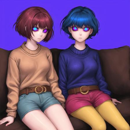 <lora:gravemudart:1>, gravemudart,  simple background, horror \(theme\), demon-like head, scary face, strange, creepy,  2girls, belt, blue background, blue hair, blue shorts, brown belt, brown legwear, controller, couch, ecoman, highres, long hair, lying on lap, mother and daughter, multiple girls, pantyhose, pillow, pink sweater, red skirt, redhead, remote control, short hair, shorts, sitting, skirt, speech bubble, sweater, tan sweater, violet eyes, yellow eyes