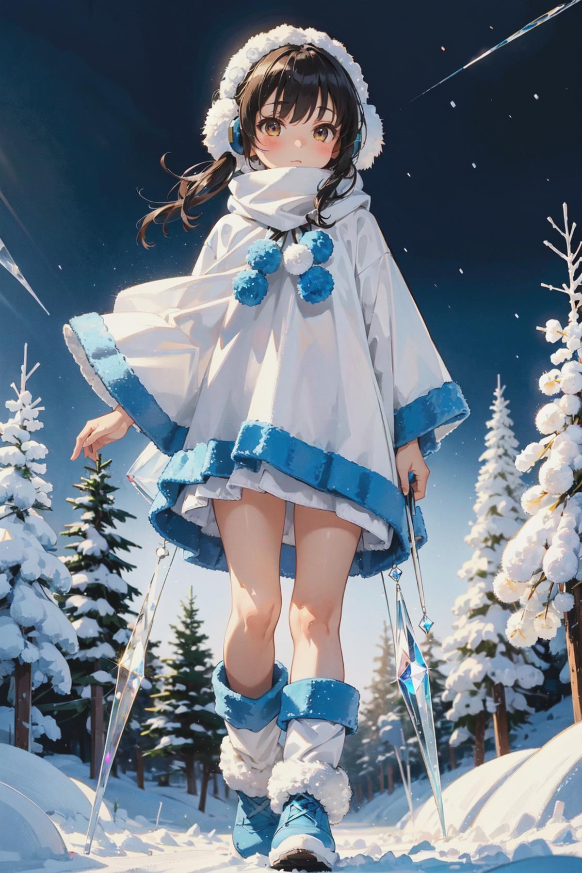 An anime-style woman in a white dress with blue accents and a scarf, standing in a snowy wooded area.