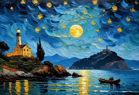 vintage art, Blue Moon, alcatraz in the distance, lone raft, starry night, van gogh, oil paint, braodstrokes, 19th century, masterpiece