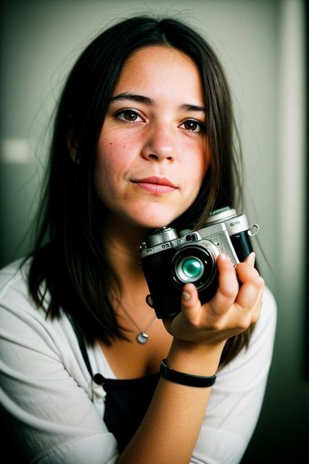 The image portrays a young woman with long, dark hair holding a vintage camera close to her face, partially obscuring one of her eyes. She gazes directly into the lens with an intense, thoughtful expression. The photograph has a distinct cinematic and nostalgic aesthetic, with soft lighting, a grainy texture, and subtle color grading that gives it a vintage, film-like quality.
Subject and Composition
The subject's face is positioned slightly off-center, drawing immediate attention to her sharp and expressive features. Her dark, well-defined eyebrows frame her deep-set eyes, which are slightly shadowed, adding to the introspective mood of the image. Her lips, which are slightly parted and tinted a natural red, contrast subtly with her smooth, pale skin. Strands of hair fall loosely across her face, reinforcing the unposed, organic nature of the portrait.
The camera she holds is an older model, silver and black with a rounded lens, possibly a vintage point-and-shoot film camera. Its reflective surface catches some light, making it a noticeable focal point. Her fingers gently rest on the camera's body, showcasing her relaxed grip, suggesting familiarity and comfort with the device. The camera partially obscures her left eye, creating an artistic and symbolic interplay between the act of capturing an image and being observed.
