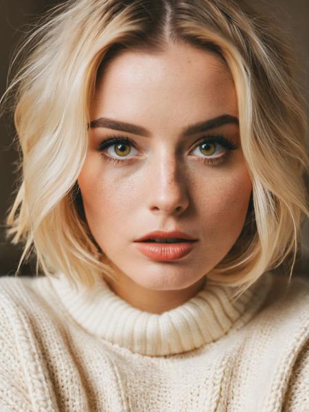 (masterpiece,absurdres, best quality:1.3),photography of BARBARABOUCHET,(makeup, rouge,cleavage, necklace, realistic skin texture, freckles,moles,oversize knit jumper, yellow eyes, softcore, warm lighting, cosy atmosphere, Instagram style,(lifelike rendering)),film grain ,<lora:FilmVelvia3:0.6>,depth of field,sharp focus,kkw-ph1,OverallDetail,perfect eyes, <lora:[XL]margot_lora_sdxl_v1-000006:0.5>