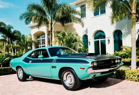 ClassicMuscleCar, pastel teal Dodge Challenger, side view, sunny, palm trees, vegetation, luxury mansion, Miami, 4K, highly detailed, (stylish grainy analog 35mm film photo)