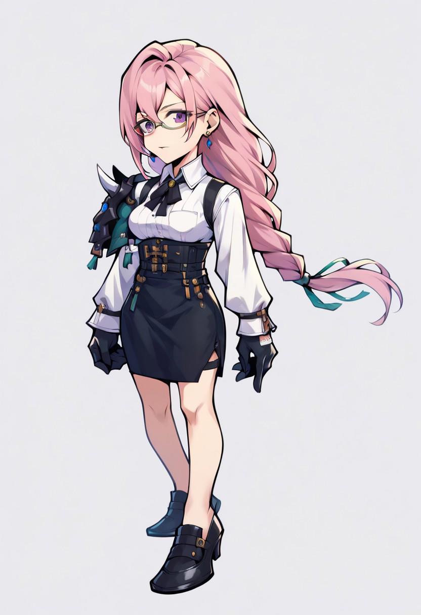 score_9,score_8_up,score_7_up,score_6_up, Yanagi, earrings, pink hair, long hair, purple eyes, braided ponytail, glasses, under-rim eyewear, white shirt, collared shirt, long sleeves, white sleeves, shoulder armor, black gloves, black skirt, high-waist skirt.operaomniastyle, full body, white background   Expressiveh, zPDXL3,