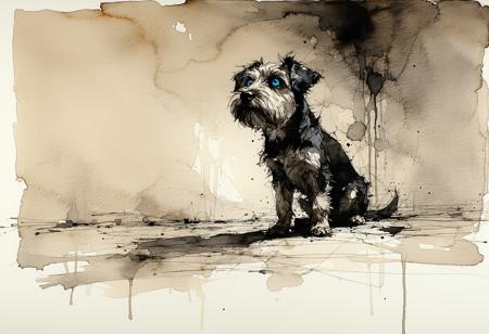 Ink art, watercolour sketch: Extreme low-angle, scruffy ink-stained terrier yearning upward. Hopeful cerulean blue eyes, focal point, gaze into parchment-textured void, subtle watercolour washes. Arthur Rackham's intricate ink, Egon Schiele's expressive contours; delicate cross-hatching, bleeding washes. Monochromatic sepia, charcoal. Subtle chiaroscuro on rough fibrous paper. Poignant longing; faint ink splatters, abstract watercolour wisps hint at unseen sky.
