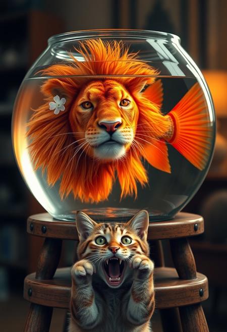 "Create a photorealistic image of a miniature lion with a majestic mane, but with the body of a vibrant orange fish, complete with scales and fins, swimming in a glass fishbowl. The lionfish's whiskers and nose are still intact, and its eyes gleam with a fierce inner light. Below the stand, a domestic cat peeks out from the shadows, its top half visible as it cautiously observes the lionfish. The cat's eyes are wide with a mix of fear and fascination. The cat's mouth is wide open in mid scream as if it is in utter shock and it's paws are holding the sides of it's head as if it can't believe what it saw. The fishbowl is placed on a worn, wooden stand, with subtle textures and reflections adding depth to the scene. The background is a warm, cozy room with soft lighting, highlighting the surreal and fantastical nature of the lionfish." Octane render, Highest-Quality, 8 k, intricate details, visually stunning, Masterpiece
