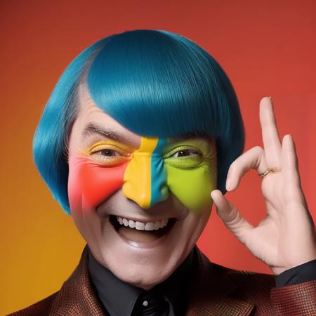 analog style, modelshoot style, portrait of sks man smiling with the ok sign by Flora Borsi, style by Flora Borsi, bold, bright colours, rainbow Mohawk haircut, ((Flora Borsi)) <lora:carlitos:1>