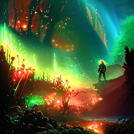 masterpiece,high resolution.
,alienworld, 
The astronaut looks at an unknown plant with interest. Behind the astronaut, an alien predator is preparing to attack him. Two red suns in the sky. Greenish-blue sky. Alien forest. Red water. White mountains in the distance. The main focus is a massive, alien sun with flames bursting out of its crown, set against a vibrant, turquoise sky. In the foreground, a lush, green meadow teems with wildflowers, waiting for the sun's nourishing rays and warmth. The atmosphere should be one of anticipation and serenity, as if the very presence of the sun is about to awaken new life and vitality.