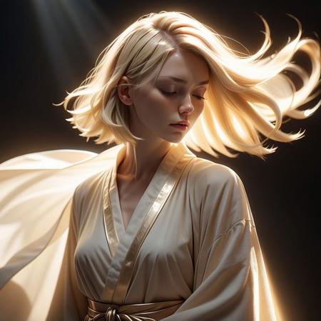 ((8k, best quality, masterpiece, extremely detailed, Rule of thirds)), (((light play, shadow play))), ((abstract background)), ((glamour photography)), ((cinematic, film grain)), ((anime aesthetic)), ((provocative)), ((soft light passing through hair)), ((short blond hair, floating hair)), ((cleric, cleric-robes, flowing robes, sheer, holy-light)), ((dynamic pose)), radiant-aura, profile-shot, close-up, eyes closed, reflective, shiny,